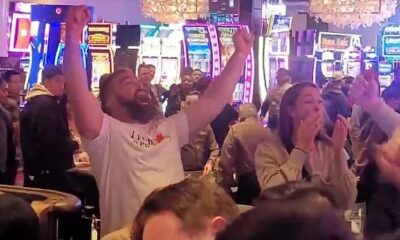 Jason Kelce celebrates with wife Kylie after winning big at Las Vegas
